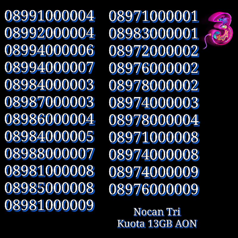 Nomor Cantik NOCAN Panca 0 Perdana Tri Three 3 4G LTE Kuota 18 GB NASIONAL REGULER