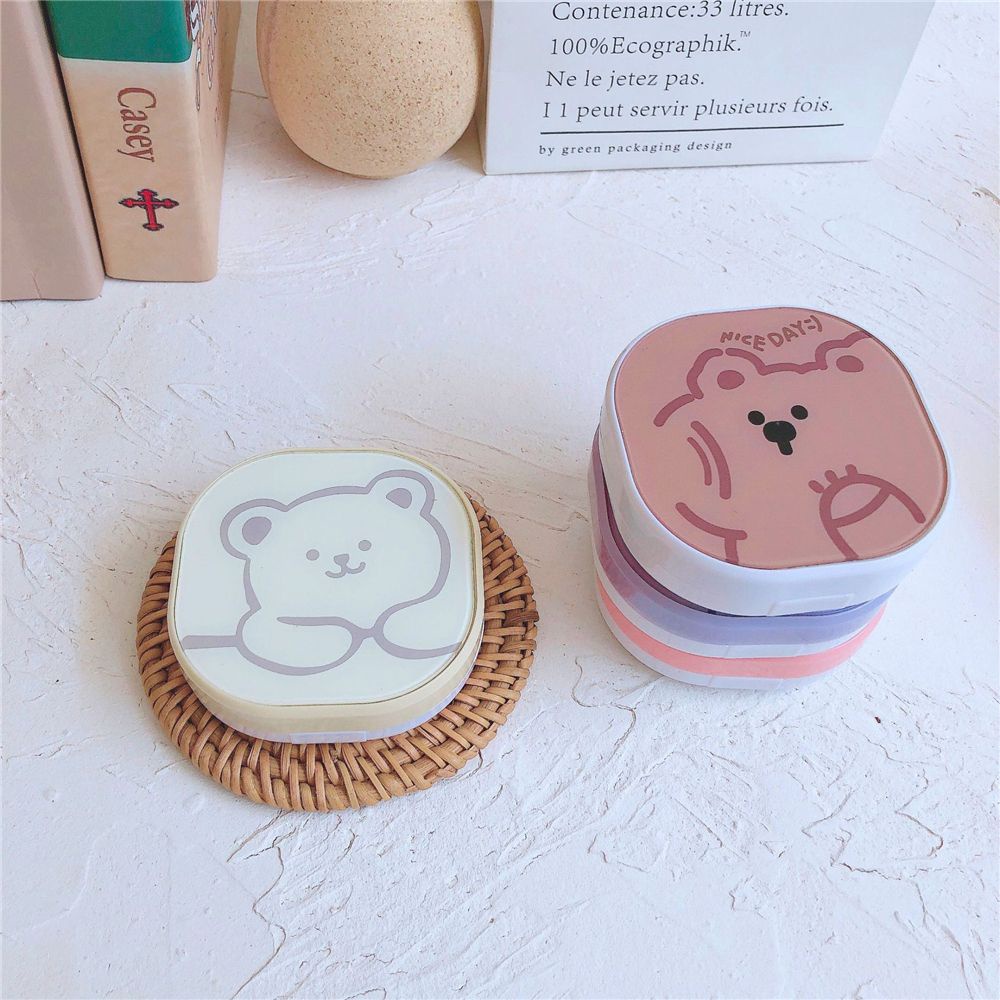 ROW Glasses Accessories Contact Lens Box Portable Storage Container Contact Lens Case Travel Cute Easy Carry Bear Cartoon with Mirror/Multicolor