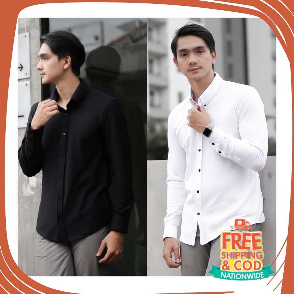 Bahan Tebal Bagus Tidak Tembus Full Halus /  Baju Kemeja Pria Kasual Polos Hitam Putih Lengan Panjan
