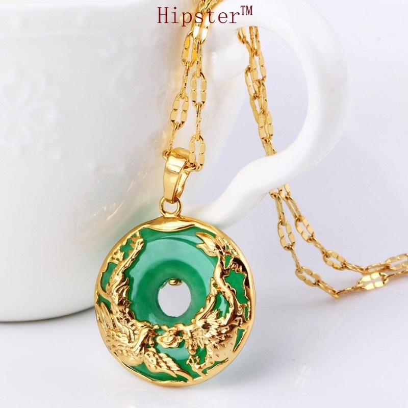 Vintage Classic Auspicious Luxury Dragon and Phoenix Shape Emerald Gold Pendant Necklace