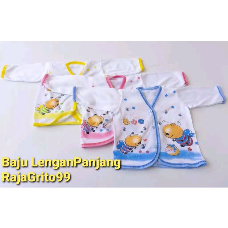 Baju Bayi Lengan Panjang KATUN isi 1 Lusin / Baju Atasan Bayi Putih Sablon / Baju Panjang Baby, Bahan Katun TC Newborn