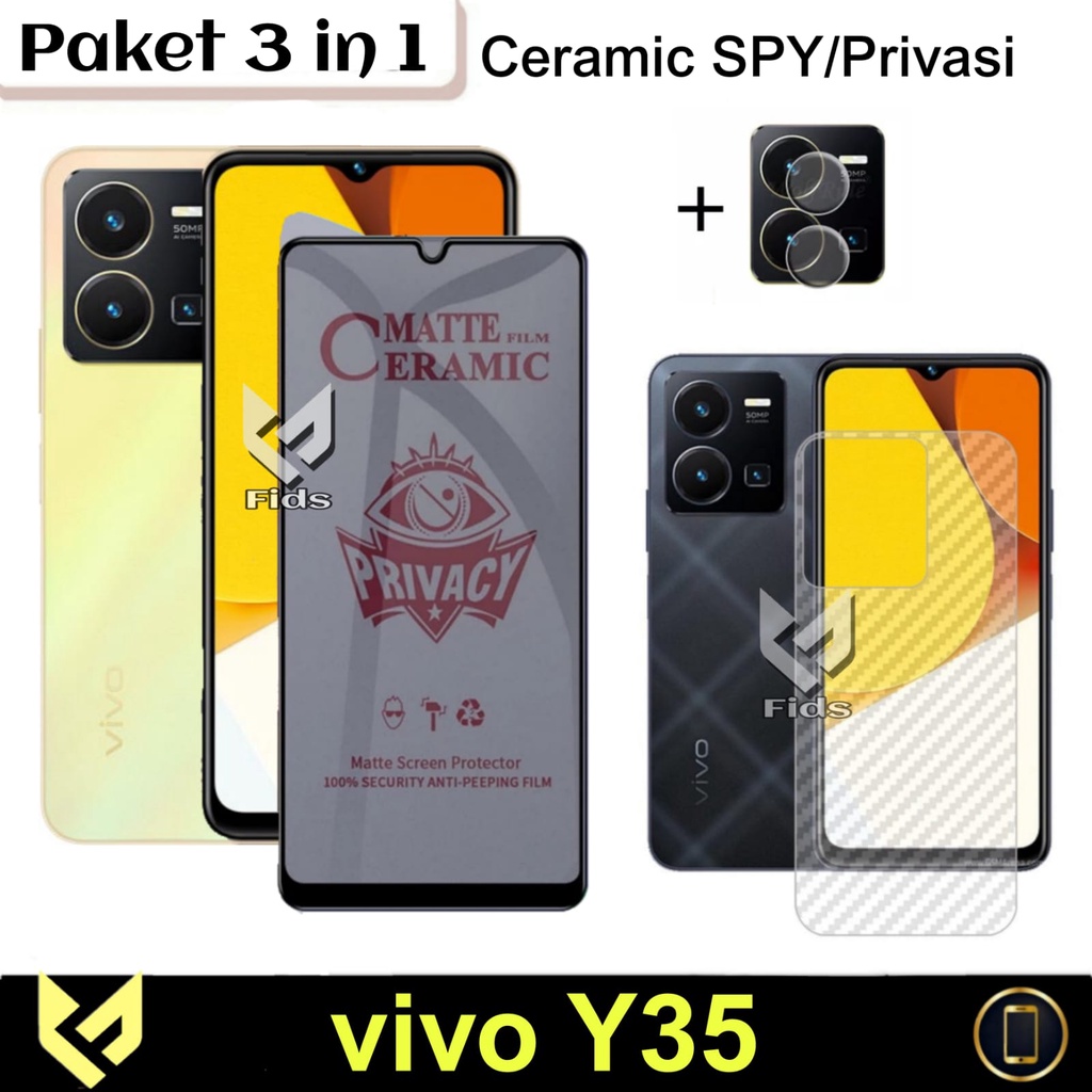 NEW PROMO Paket 3IN1 For VIVO Y35 2022 / VIVO Y16 2022 / VIVO Y22 2022 Anti Gores Layar Ceramic Anti SPY Free Lens Camera &amp; Skin Carbon Anti Gores Jamur Body Belakang Handphone