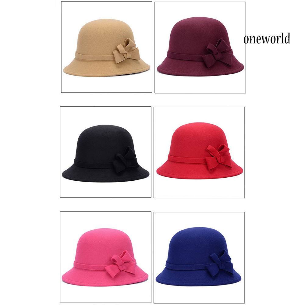 Oneworld Topi Bucket Wanita Bahan Wol Imitasi Aksen Pita Warna Polos Gaya Vintage Untuk Musim Gugur