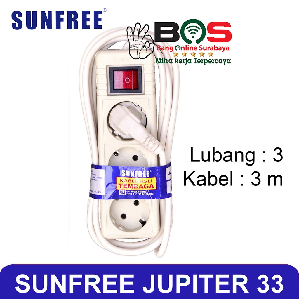 Stop Kontak Arde Saklar Listrik 3 Meter + 3 Lubang Colokan Listrik Sunfree-33 Sunfree Jupiter 33