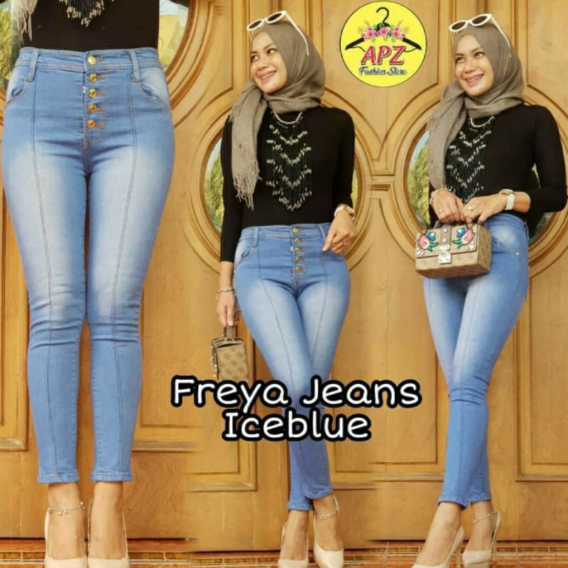 Celana High Waist Jeans Wanita Kancing 5 aktif