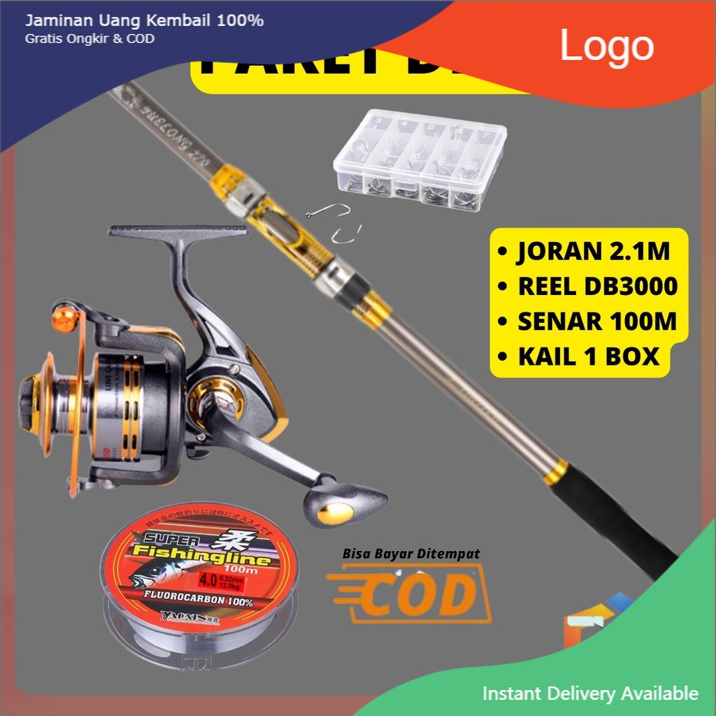 Paket Mancing Kombo Hemat Joran Reel Senar Gunting Mata Kail Pelampung LED 1 Paket Joran Carbon Stik