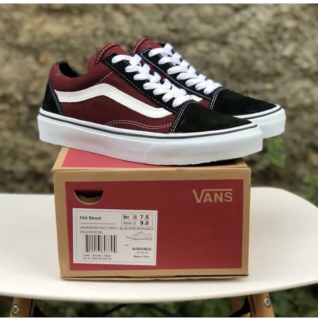 Sepatu Vans Oldskool Maron White Sneakers Pria Kets Hitam Merah tua Putih Kado Hadiah Sekolah Kuliah Kerja