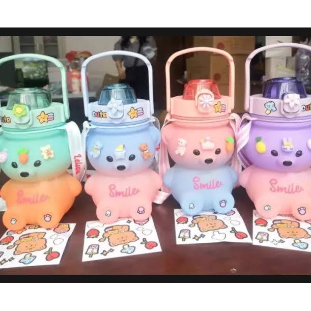 Botol Minum Bear Smile Gradasi Free Sticker 2D 3D Tali 1300ml