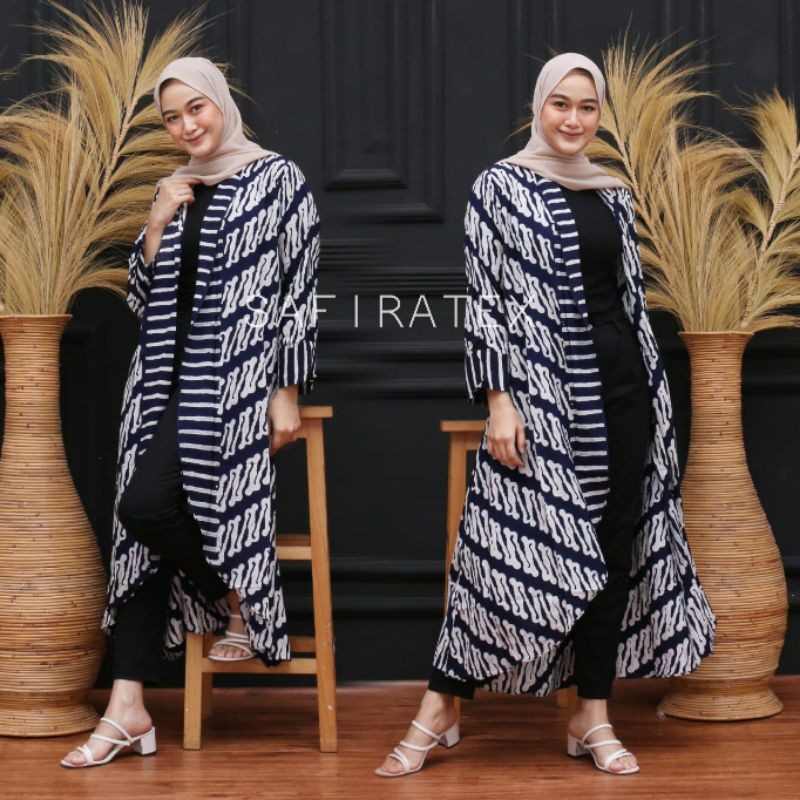 Longcardi Batik Paris  CARDIGAN wanita lengan panjang casual blazer - Biru Dongker