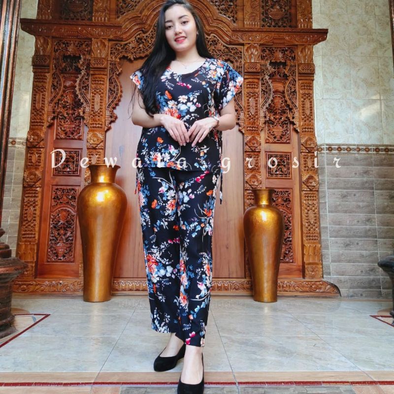 BAJU WANITA PIYAMA BAJU TIDUR SETELAN ONE SET BABYDOLL RAYON SUPER KOPI BALI ROBUSTA TERLARIS-Arare Hitam