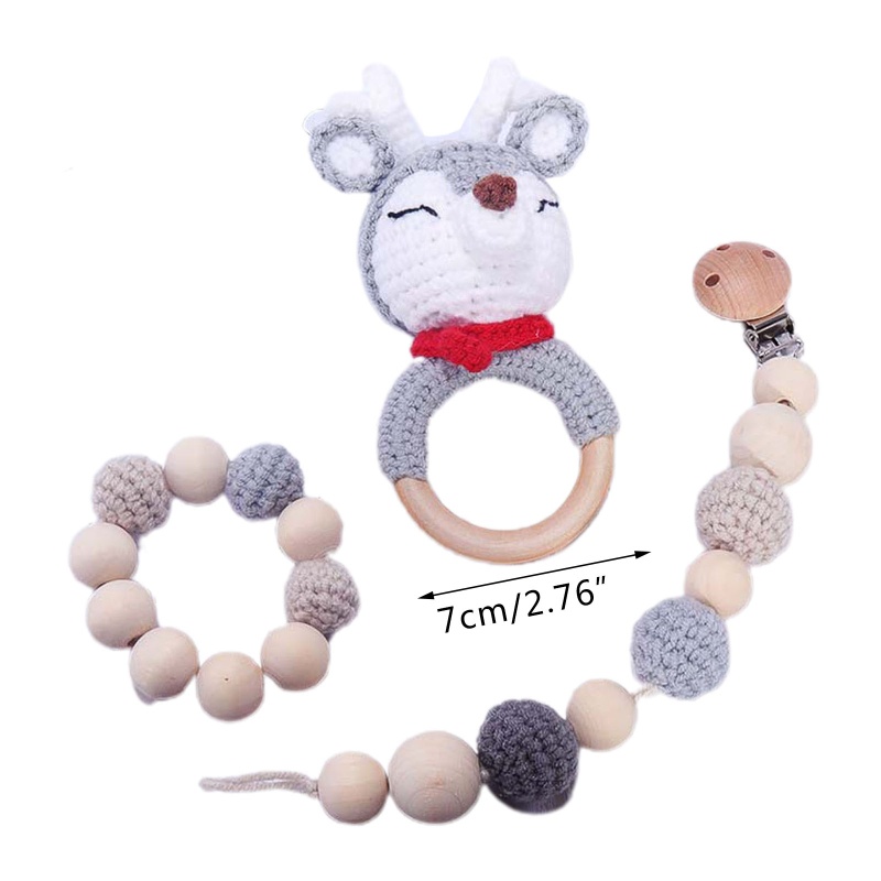 Mary 3pcs / Set Mainan Teether / Rattle / Kerincingan Bentuk Rusa Bahan Kayu Untuk Bayi