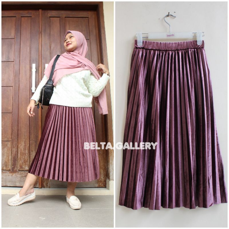 Rok 7 per 8 Wanita Dewasa Import Plisket Velvet Bludru 7/8 Premium Glossy Tebal Ori Midi Skirt Korean Style by NR