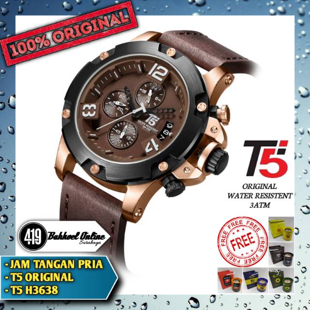 Jam tangan pria cowok T5 original H3638 tali kulit Brown Gold