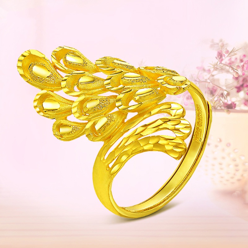 Goldkingdom Perhiasan Fashion 24K Bangkok Aksesoris Ready Stock Bulu Merak Phoenix Cincin Wanita Yang Dapat Disesuaikan Kaya High-end