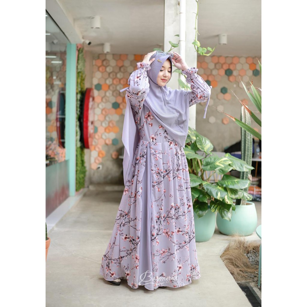 GAMIS CERUTY ALANA ORI BY BERMEREKS BABYDOLL SET KHIMAR SYARI MOTIF RANTING SAKURA