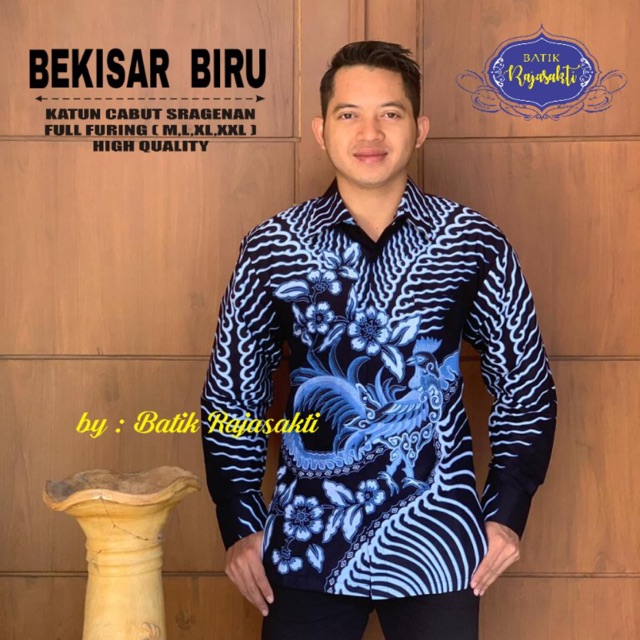 Batik Pria BEKISAR BIRU Katun Cabut Sragenan Full Furing Termurah