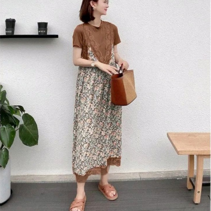 18840 Baju mididress midi dress gaun pesta motif bunga pink coklat Korean style cewek import baju mi