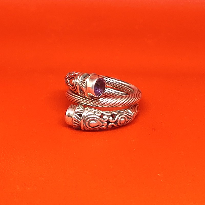 Cincin Ring Perak Silver Bali Asli 925 Ukir Tumpuk Lilit Batu Dua Amethyst Ungu Blue Topaz Pria Laki