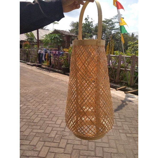 kap lampu gantung bambu tangkai uk kecil murah