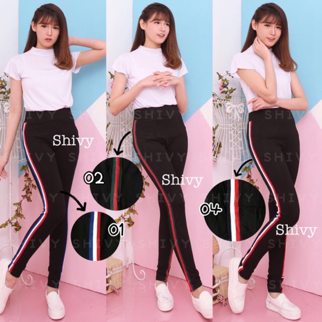 Celana Legging List Putih Pita Import Fashion Wanita Katun Jumbo