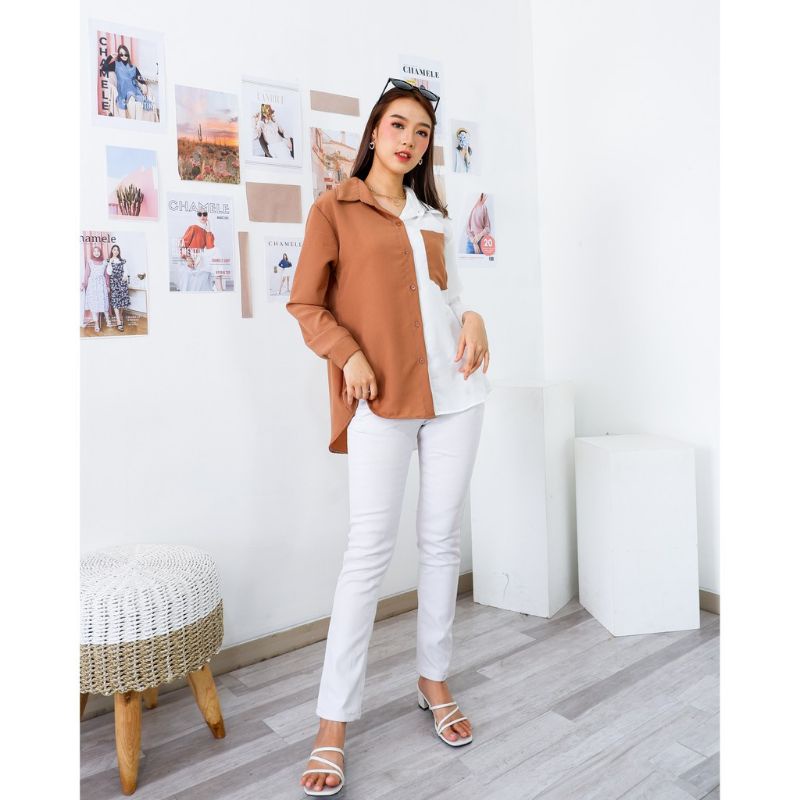 Kemeja Wanita Polos Casual Blouse Basic Kombinasi Warna Lengan Panjang Kekinian  Moscrepe-1