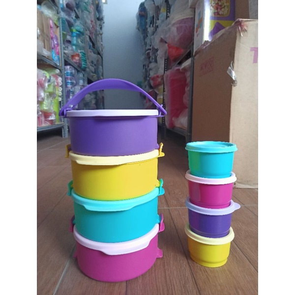 fun click to go Rantang mini tupperware 4 susun / Fun ctg tupperware Free snack cup 4 pcs
