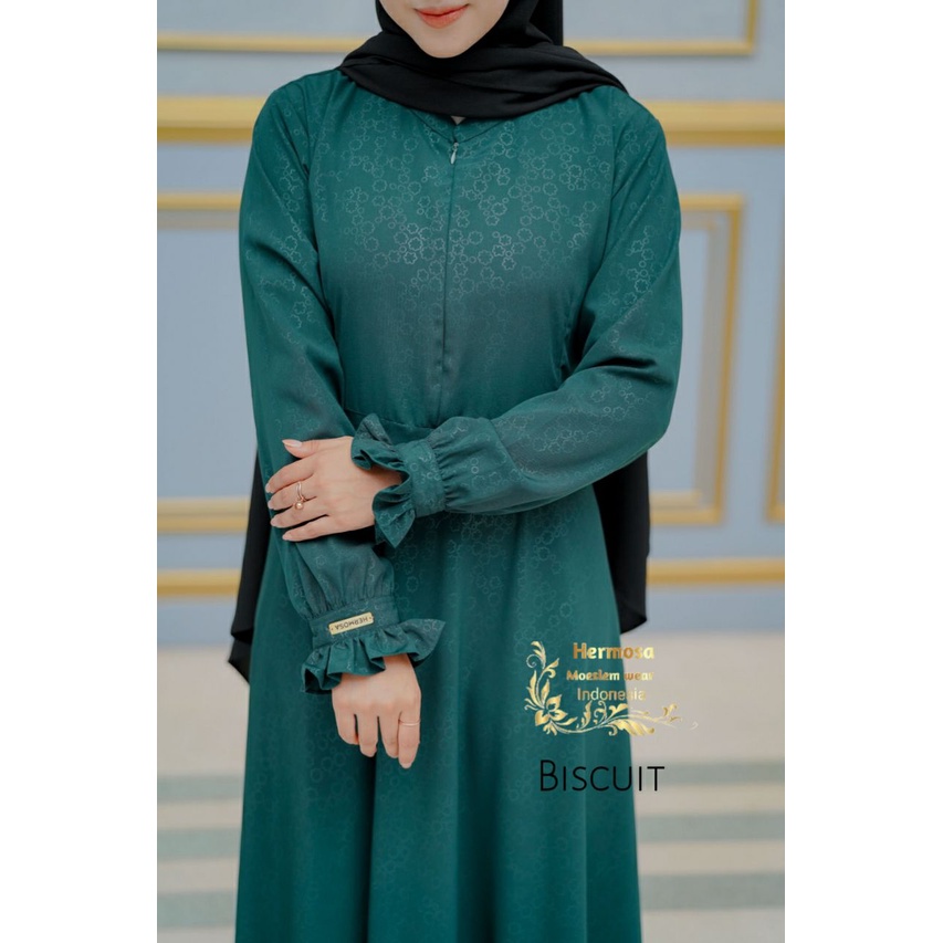 [Gamis Hermosa] Gamis wolfis embos motif biscuit warna hijau botol-gamis jotol syari umbrella