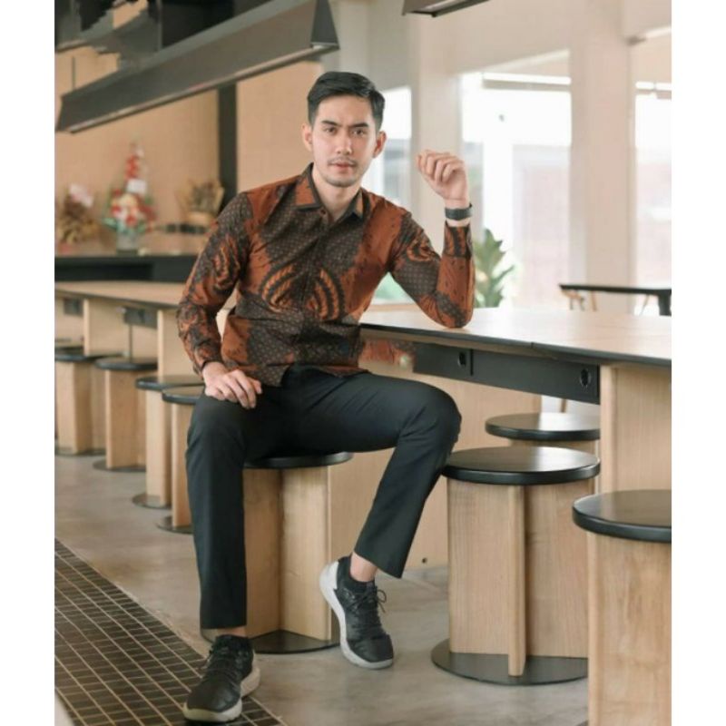 Kemeja Batik Lengan Panjang SLIMFIT Lapis Furing Katun Halus Premium Modern KAPAL KANDAS ORANGE