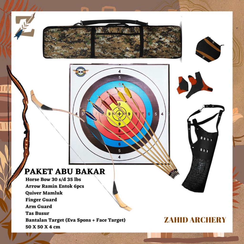 PAKET PANAHAN HORSEBOW LENGKAP(Horse Bow 30-35 lbs,Arrow,Quiver,dll) -PAKET ABU BAKAR