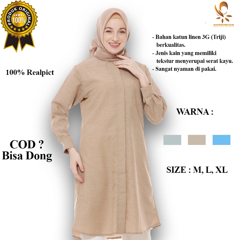 Baju Tunik Katun Linen Atasan Wanita Terbaru Import Polos Kekinian Panjang Long Muslimah Modern Full