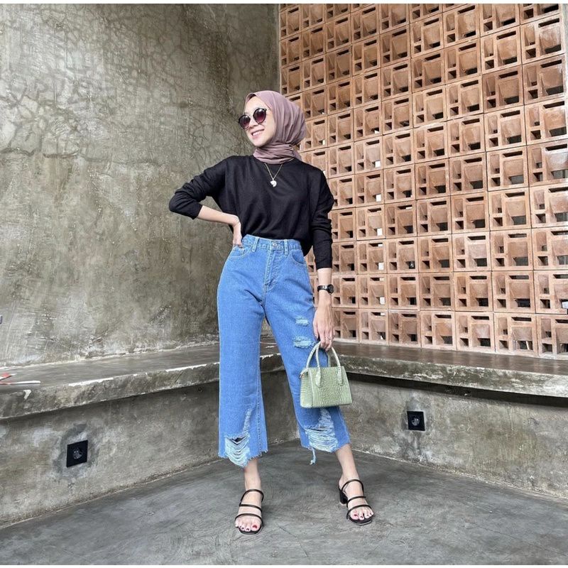 (Promo)Claudy Cullote Celana kulot jeans sobek rawis terbaru