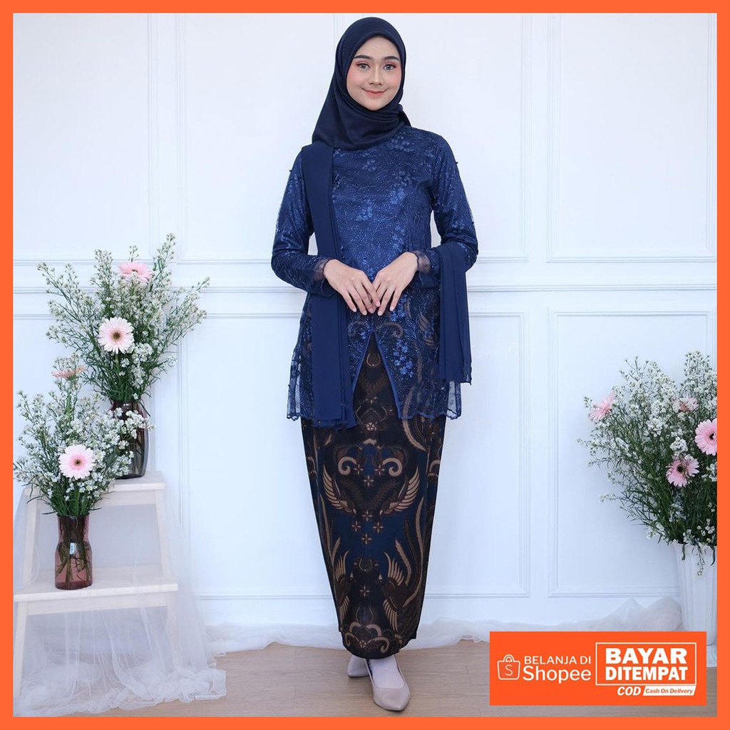 Kebaya brukat warna navy | Kebaya wisuda modern | Kebaya pesta outfit kondangan kekinian | kebaya br