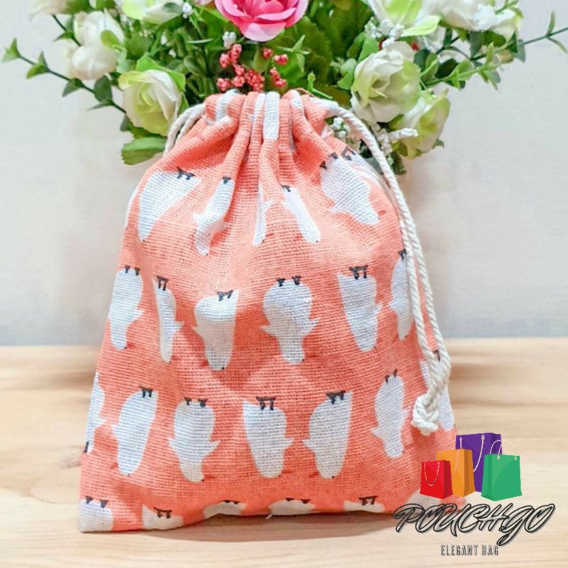Pouch Serut Travel Pouch Organizer Souvenir Tas Serut Motif Penguin Kain Goni Ukuran S
