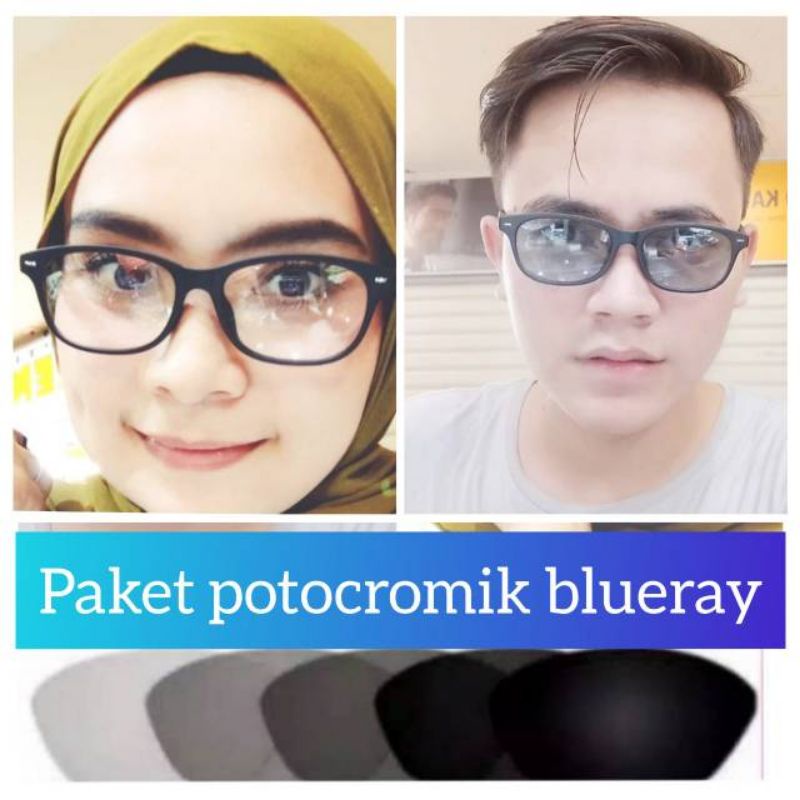 kacamata lensa bluecromic atau photocromic blueray bisa normal minus plus cilinder tergantung permintaan sampai minus 5 cyl 2 harga masih sama tulis saja pesanan kaka di catatan saat order free box lap cairan pembersih kacamata kode 049 size 52-16-145