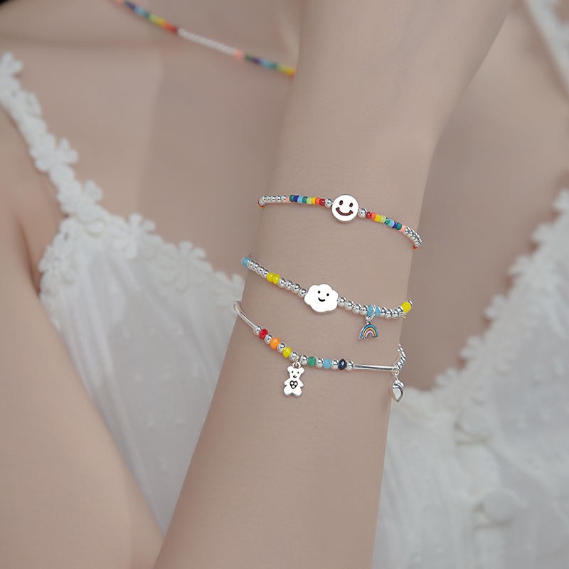 Gelang Persahabatan Desain Manik-Manik Smiley Warna Pelangi Gaya Korea Adjustable Untuk Pasangan