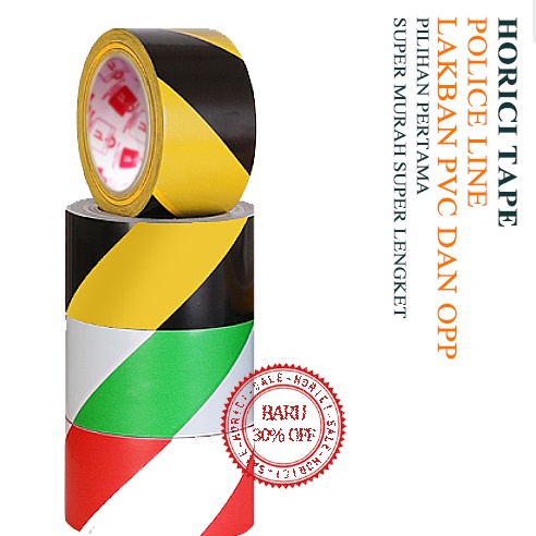 Warning tape merek Horici/OPP PVC Police Line tape Barricade tape 45mm X 30m+2m Marking Floor Isolasi