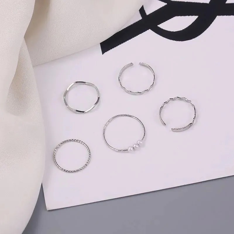 5pcs Set Ring for Women Adjustable Wave Pearl Gold Silver Ring Fashion Simple Jewelry