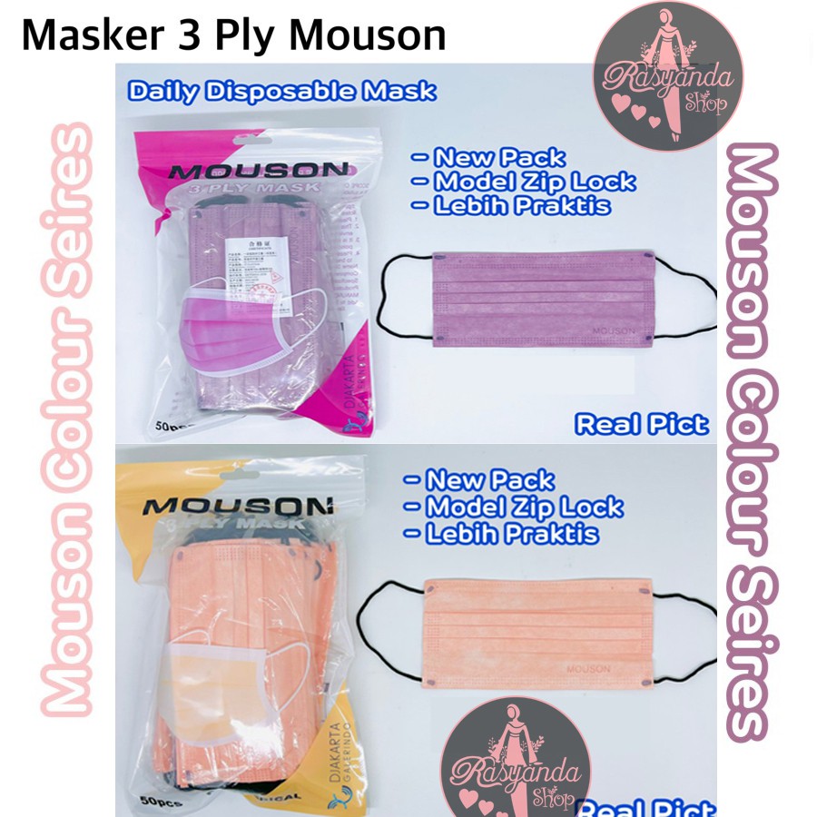 Masker 3 Ply Mouson Embos Premium Earloop Warna Warni Green Nude,PinkLady,Nudepink Isi 50 Pcs