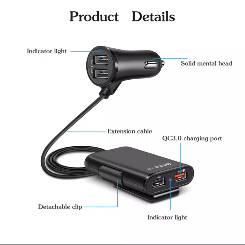 Car Charger Mobil Fast Charging 3.1A 4 Port USB 1.8M Qualcomm QC 3.0