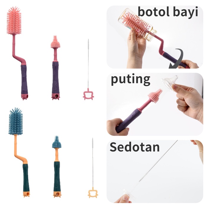 Sikat Botol Bayi Silikon Bottle Nipple Straw Silicone Brush Set 3 in 1