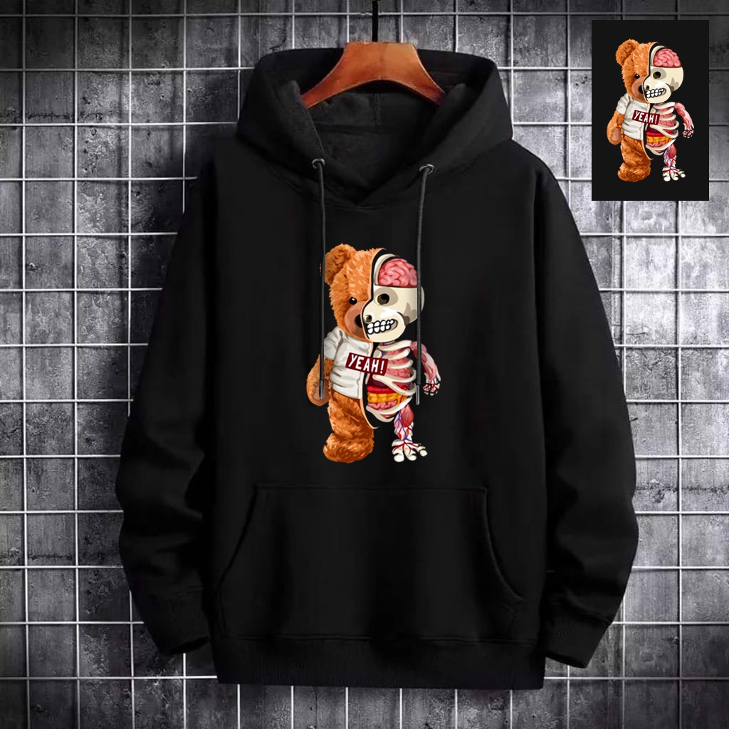 INDOSAN-SWEATER HOODIE BEAR YEAH-HOODIE DISTRO BAHAN FLEECE MOTIF GAMBAR DTF PRINTING-REAL PICT-BISA COD