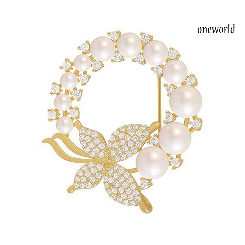 OW@ Brooch Round Hollow Out Luxury Round Faux Pearl Rhinestone Women Brooch for Dating