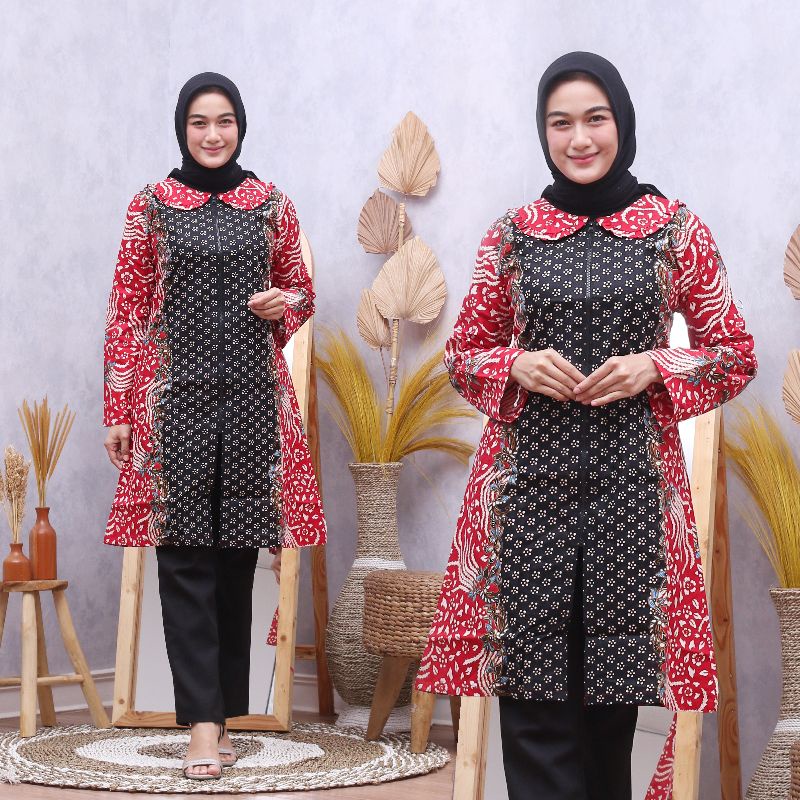 Audya Tunik | Baju Batik Tunik Wanita Cantik Zipper Depan Batik Warna Merah