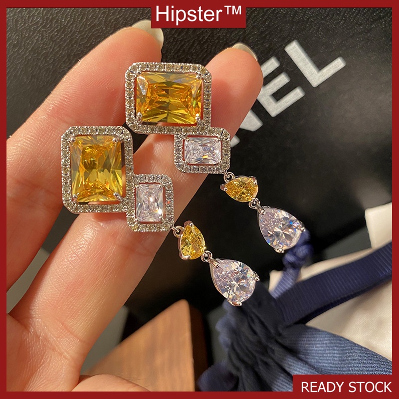 Retro Crystal Eardrops Inlaid Yellow Gem Square Moissanite Sterling Silver Needle