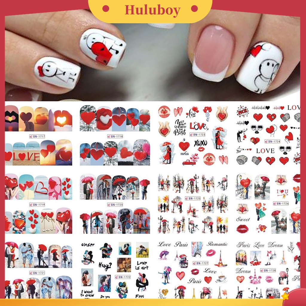 Huluboy Huluboy♡ Stiker Kuku Desain Valentine Romantis Ultra Tipis DIY Untuk Manicure