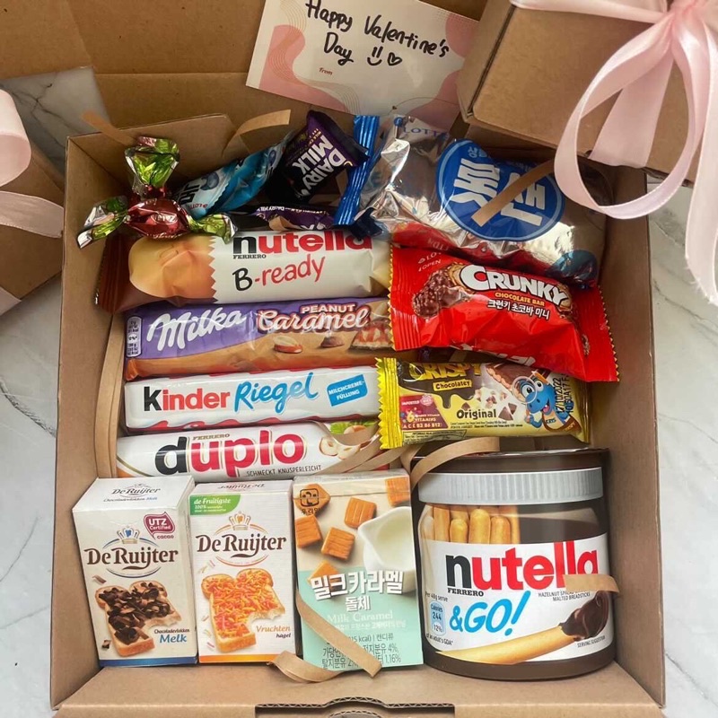 

Hampers Coklat Valentine Snack Import Nutella Go Snack Box Gift Idea Milka Peanut Nutella Bready Duplo Kinder Coklat