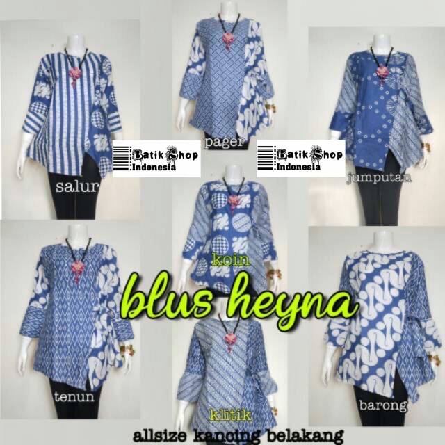 Blus Heyna Batik Modern Ziggy Tali Baju Atasan Kerja Kantoran Casual Blouse Indigo Blue