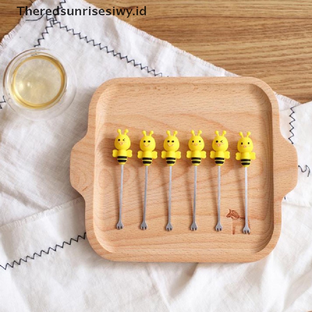 # Alat Pemotong Buah # 6pcs / set Garpu Buah Mini Bahan Stainless Steel Keramik Motif Kartun Lebah Untuk Anak