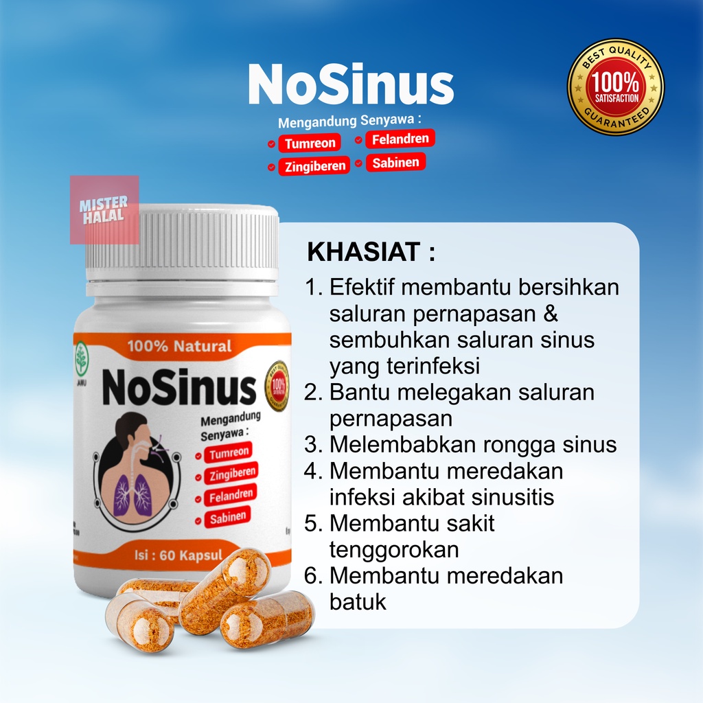 NOSINUS Obat Penyakit Sinusitis 100% Alami, Solusi Sinus, Nyeri Dada, Gangguan Pernapasan, Sakit Tenggorokan, Kapsul Herbal Gurah - Atasi Batuk Berdahak, Tidur Mendengkur / Ngorok