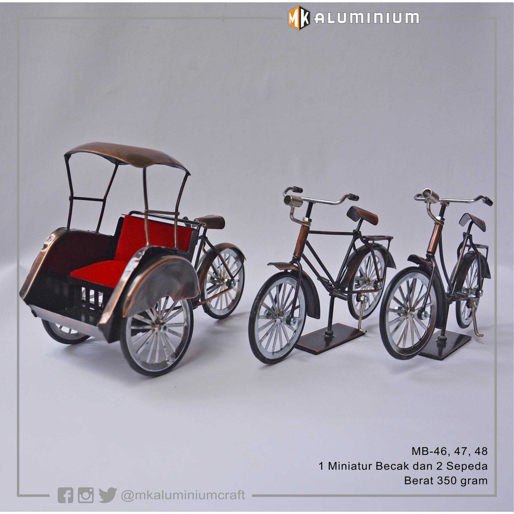 Paket Miniatur Logam Kawat ( 1 Becak dan 2 Sepeda Onthel ) - MK Aluminium